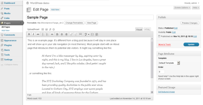A view of the Wordpress admin interface for updating content