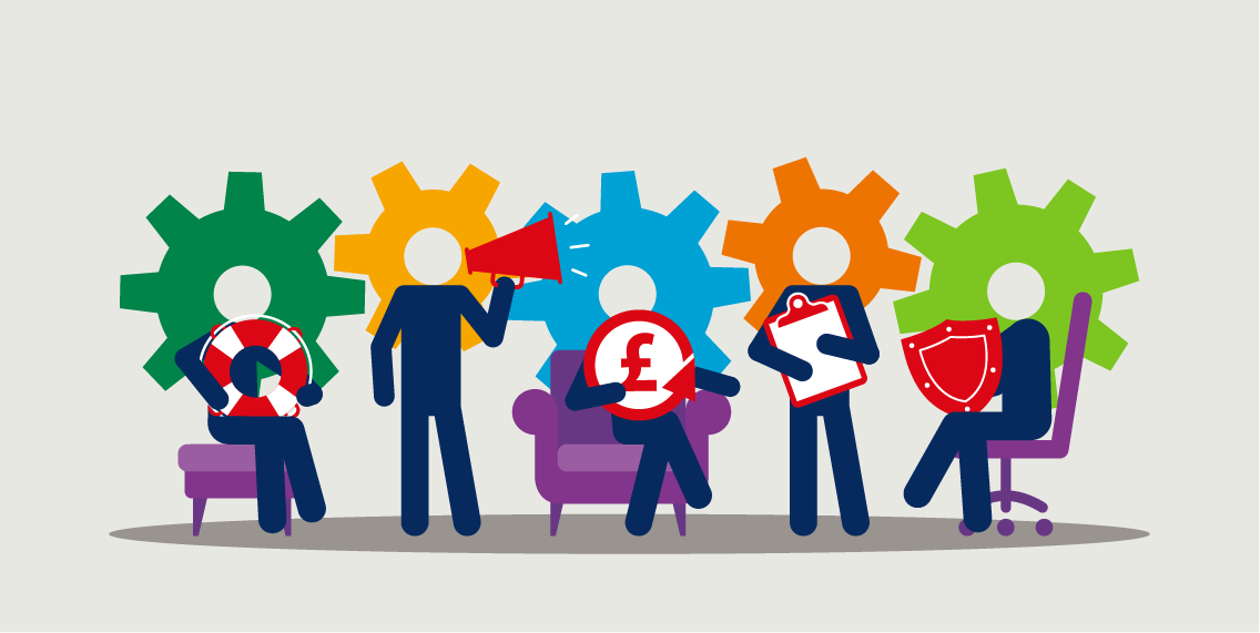 Five stick figures with icons like lifebuoy, megaphone, pound sign, clipboard, and shield, representing diverse support services in music organizations.