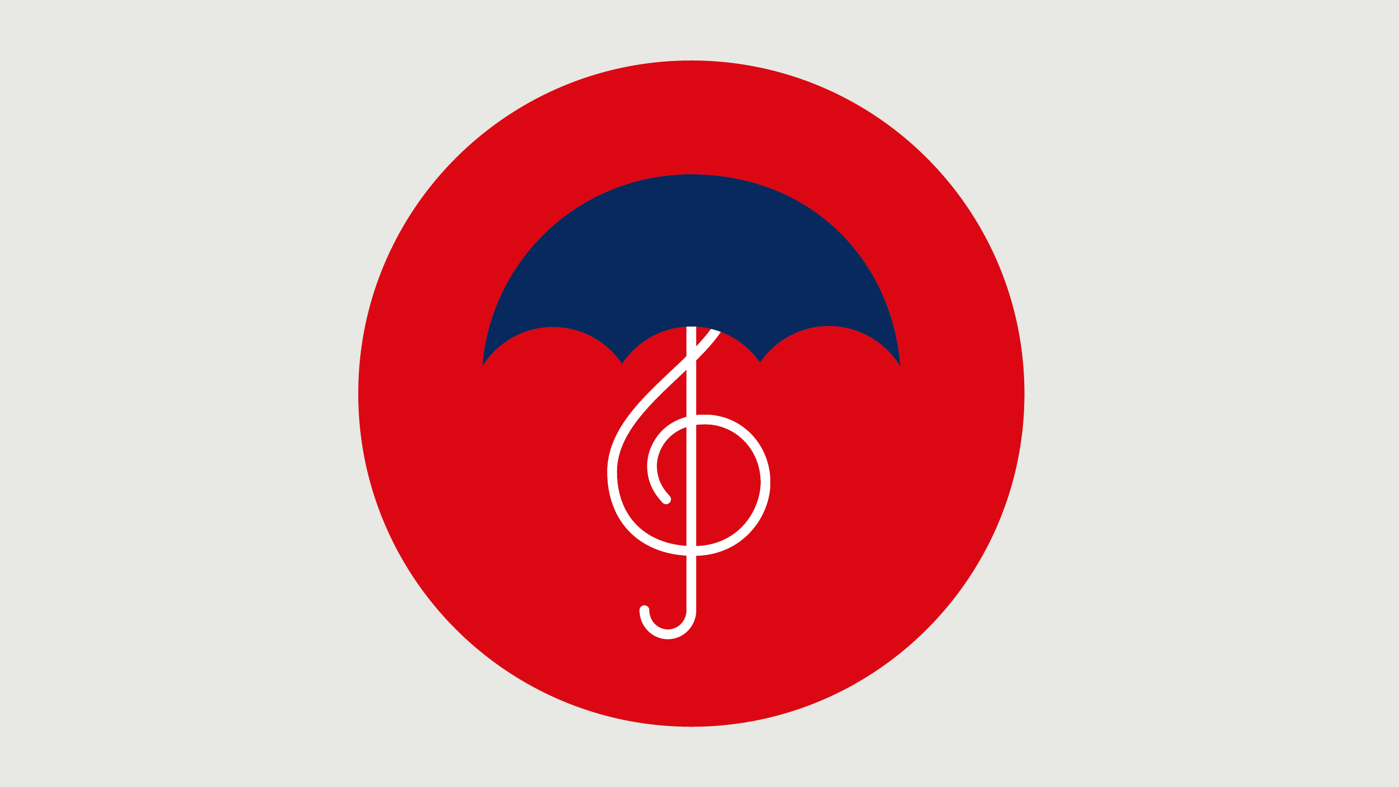 Red circle with umbrella covering a treble clef - symbolizing insurance protection for music groups.