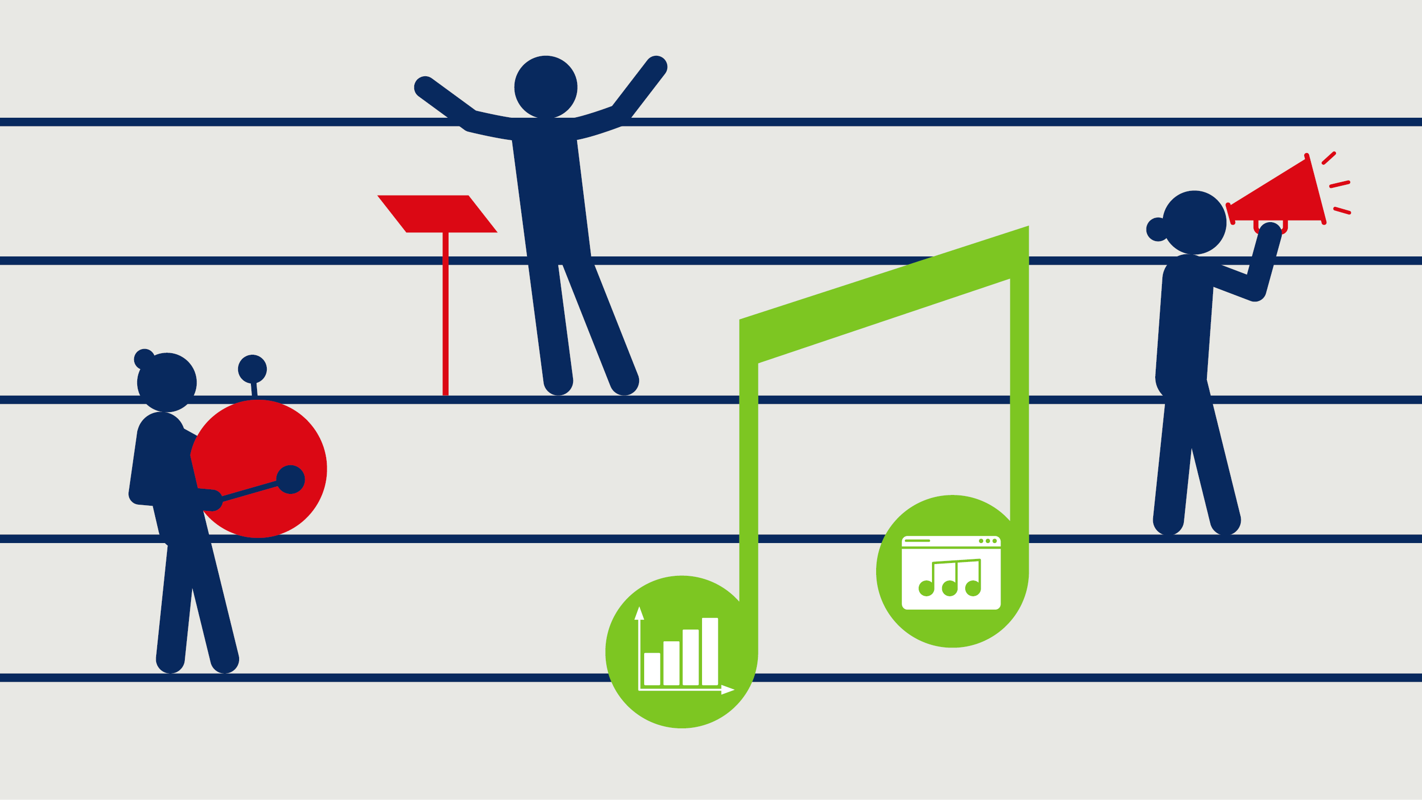 Stick figures on a musical staff play drums, conduct, and speak into a megaphone, surrounded by music notes and graphs, symbolizing group promotion and engagement.