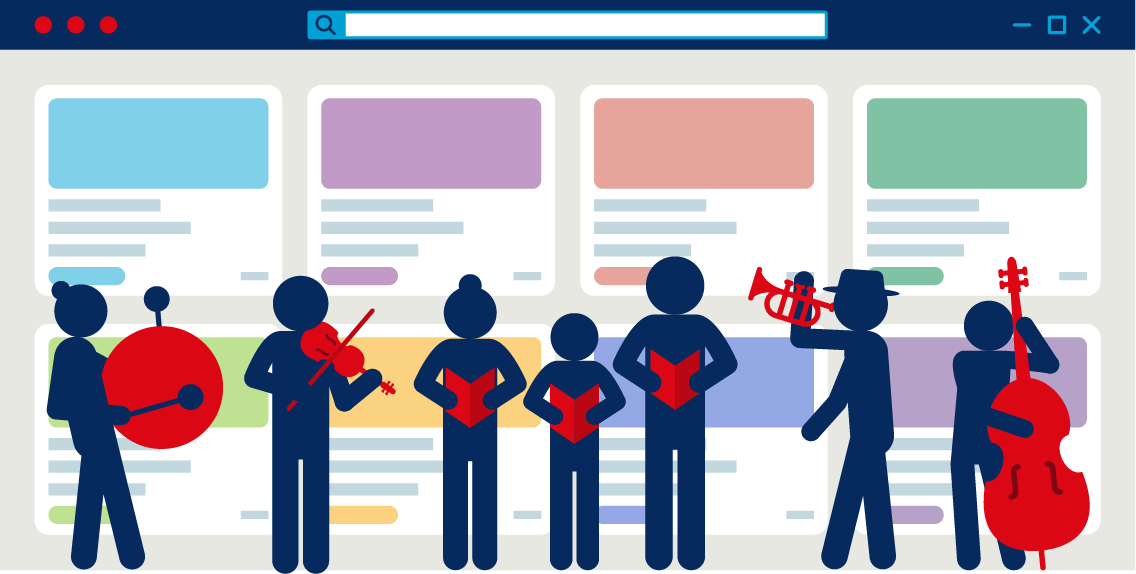 Five figures with musical instruments stand before a search interface; one plays piano, another trumpet, bass, reads sheet music, and one stands without instrument, representing artist diversity.