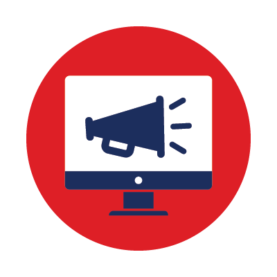Icon of a computer monitor displaying a megaphone, set against a red circular background, symbolizing digital advertising or online promotion.