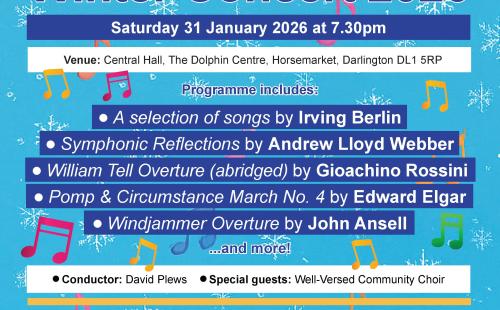 Poster listing venue and five programme items for Darlignton Orchestra concert