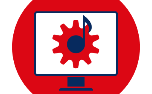 red circle with a white computer with a red cog and navy musical note