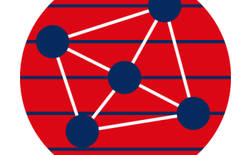 Red backgropu with navy blue dots connected by white lines
