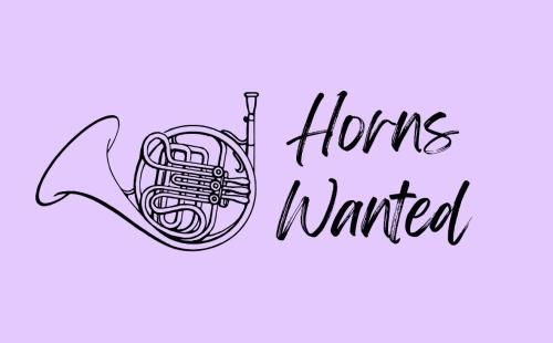 A graphic image of a french horn, with the words 
