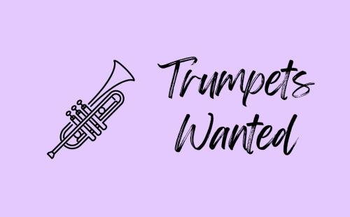 A graphic image of a trumpet, with the words 