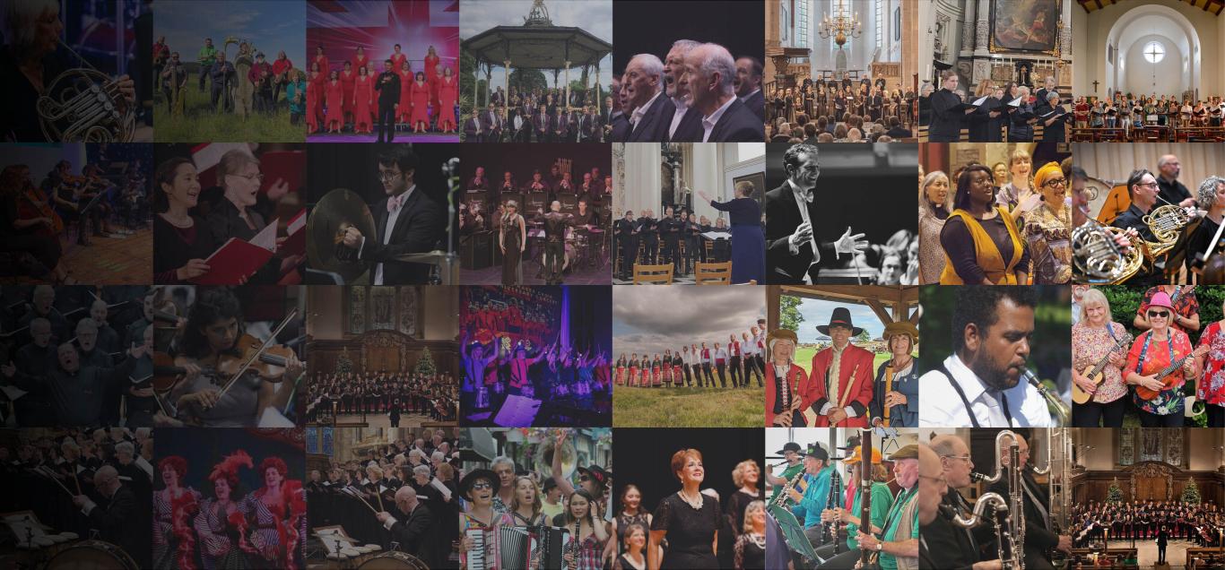 Collage of musical performances including brass bands, choirs, orchestras, and community groups in indoor and outdoor settings.