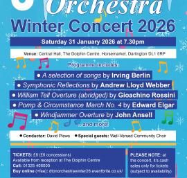 Poster listing venue and five programme items for Darlignton Orchestra concert
