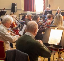 Orchestra players in sunny hall