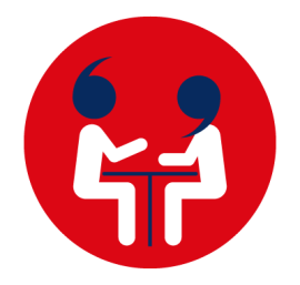 two cartoon figures sitting across a table talking