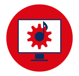 red circle with a white computer with a red cog and navy musical note