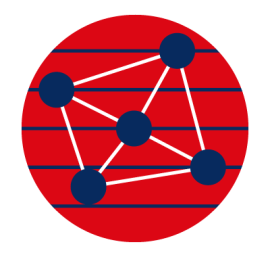 Red backgropu with navy blue dots connected by white lines