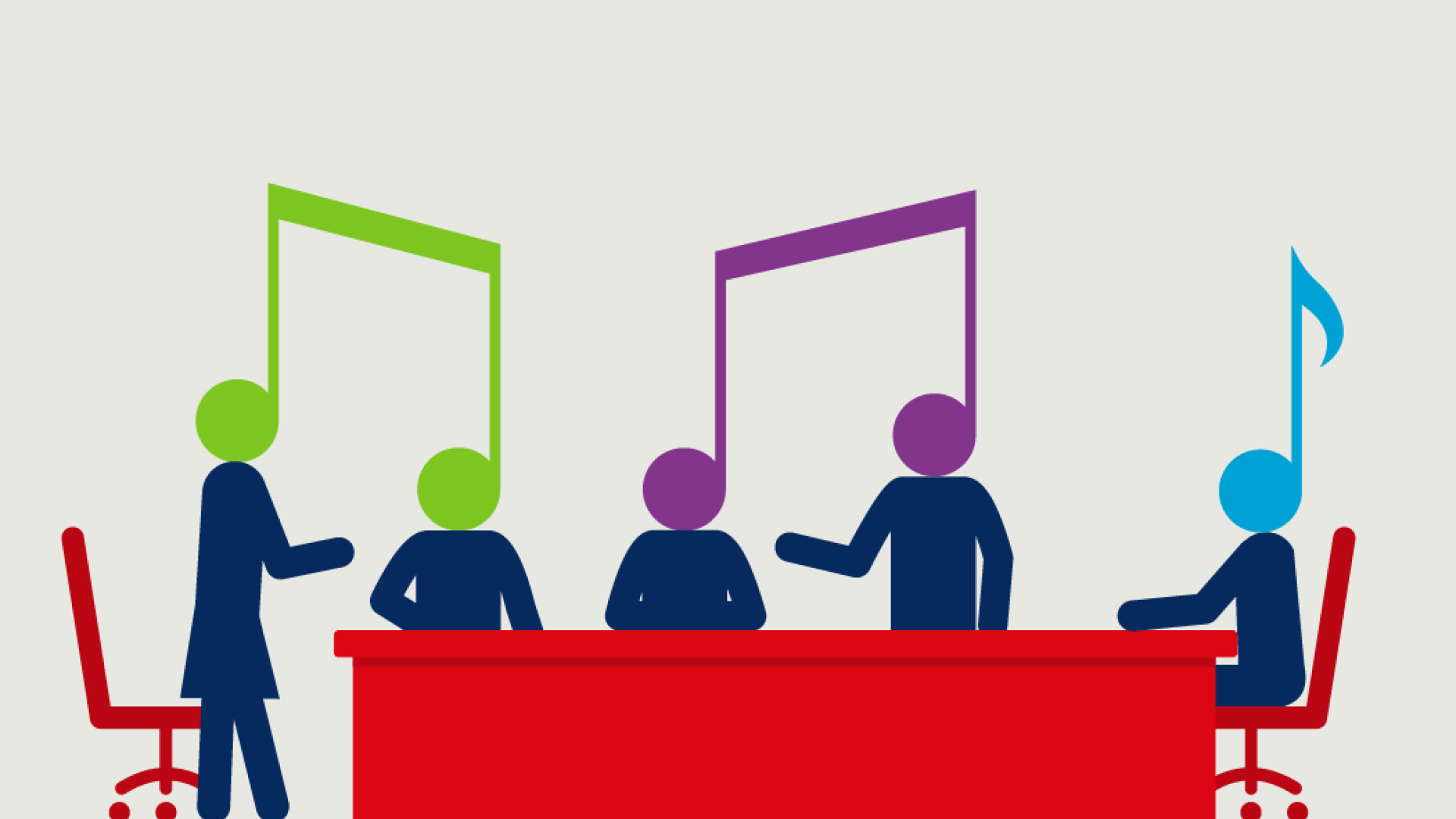 Six stick figures around red table with musical notes - symbolizing creative collaboration and team meetings.