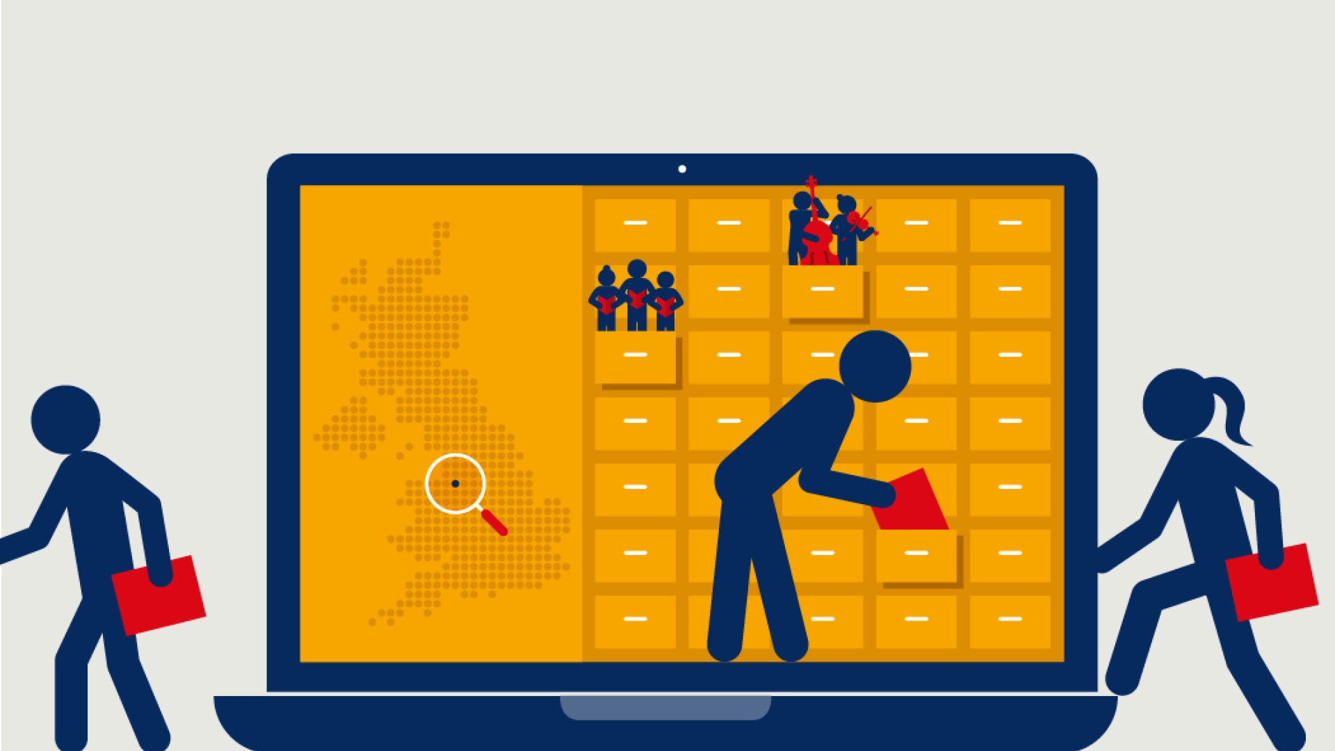 People around a laptop with maps and filing cabinets, singing and playing instruments - symbolising looking for musical opportinities