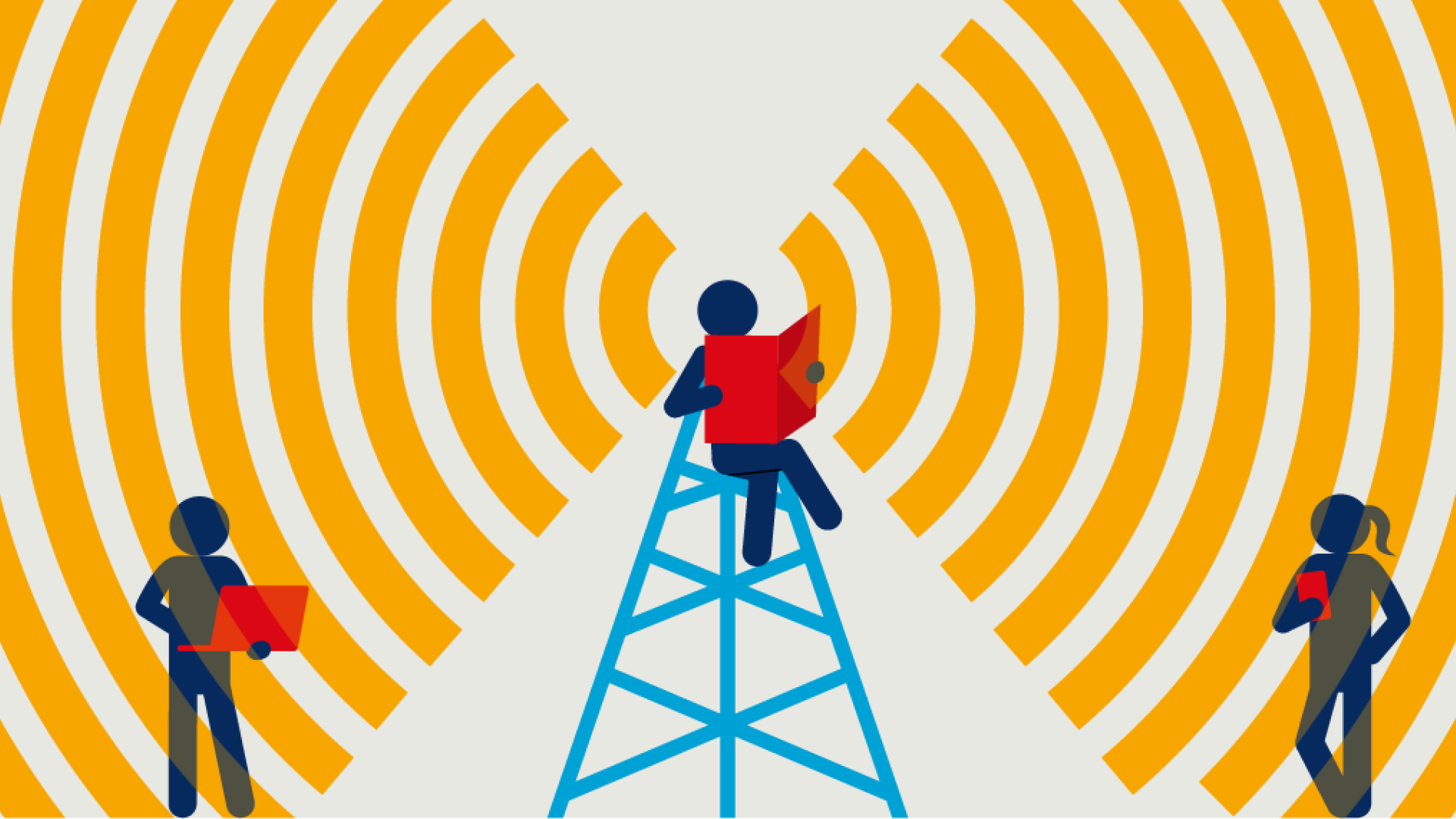 Three stick figures with red folders, one elevated on blue tower, indicating broadcasting, communication, and sharing music news or updates.