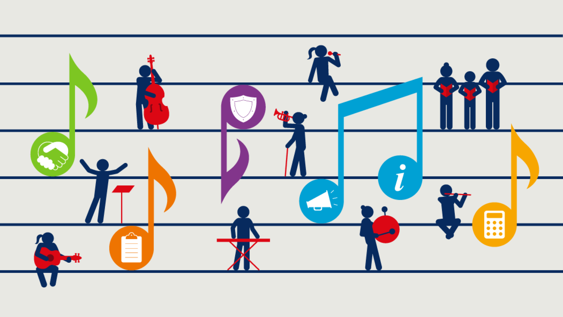 A vibrant scene of stick figures playing instruments and singing on a musical staff, surrounded by icons like megaphones and calculators, representing diverse member activities.
