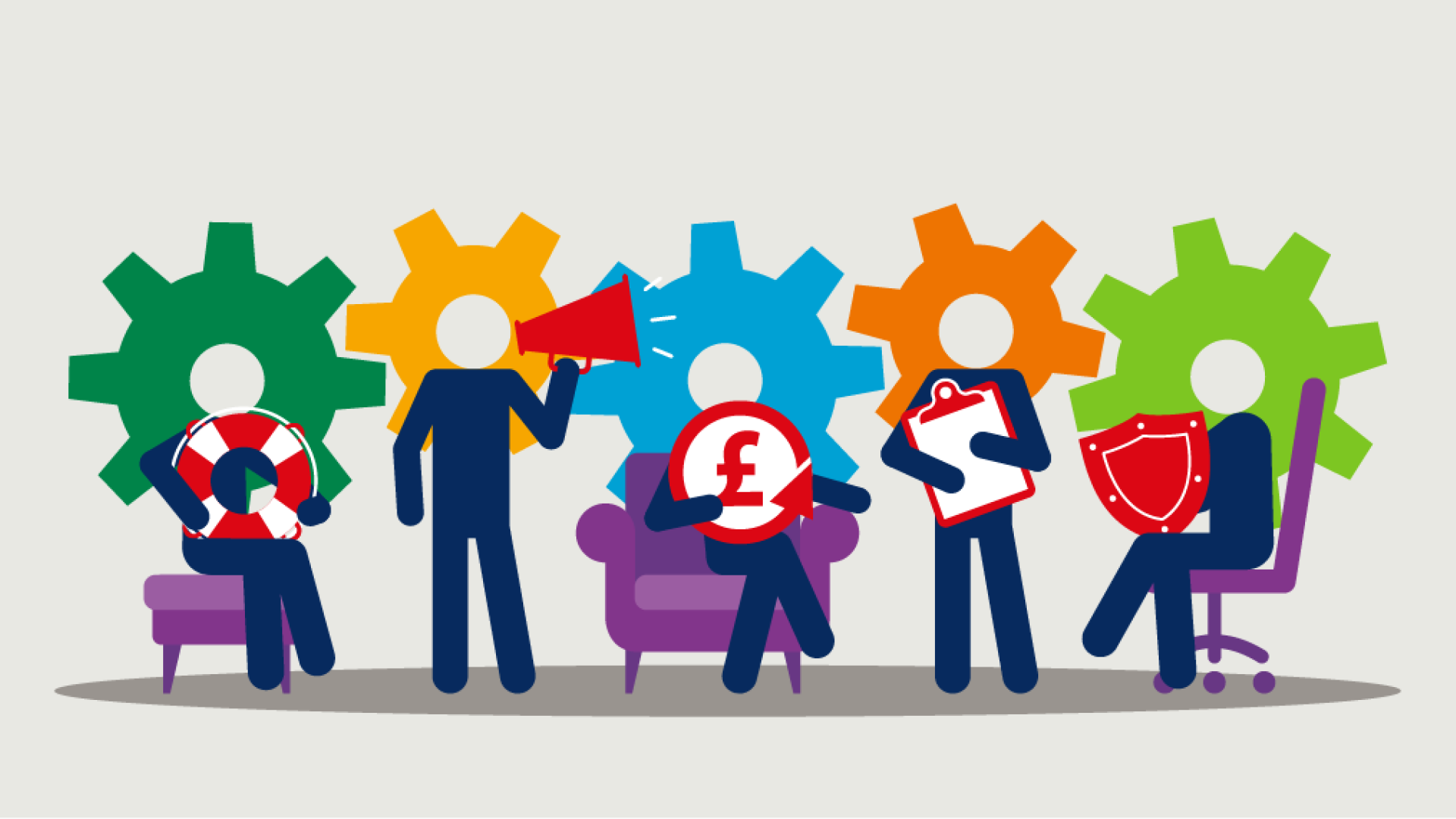 Five stick figures with icons like lifebuoy, megaphone, pound sign, clipboard, and shield, representing diverse support services in music organizations.