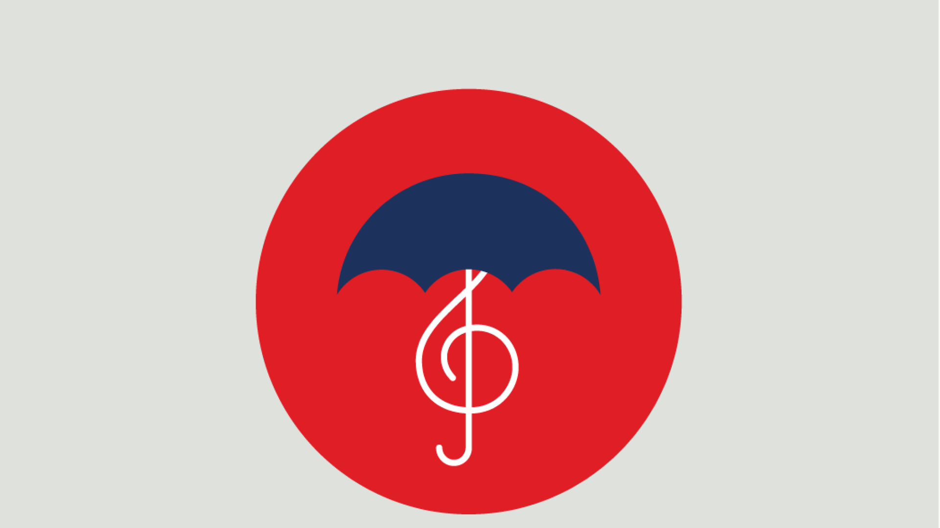 Red circle with umbrella covering a treble clef - symbolizing insurance protection for music groups.
