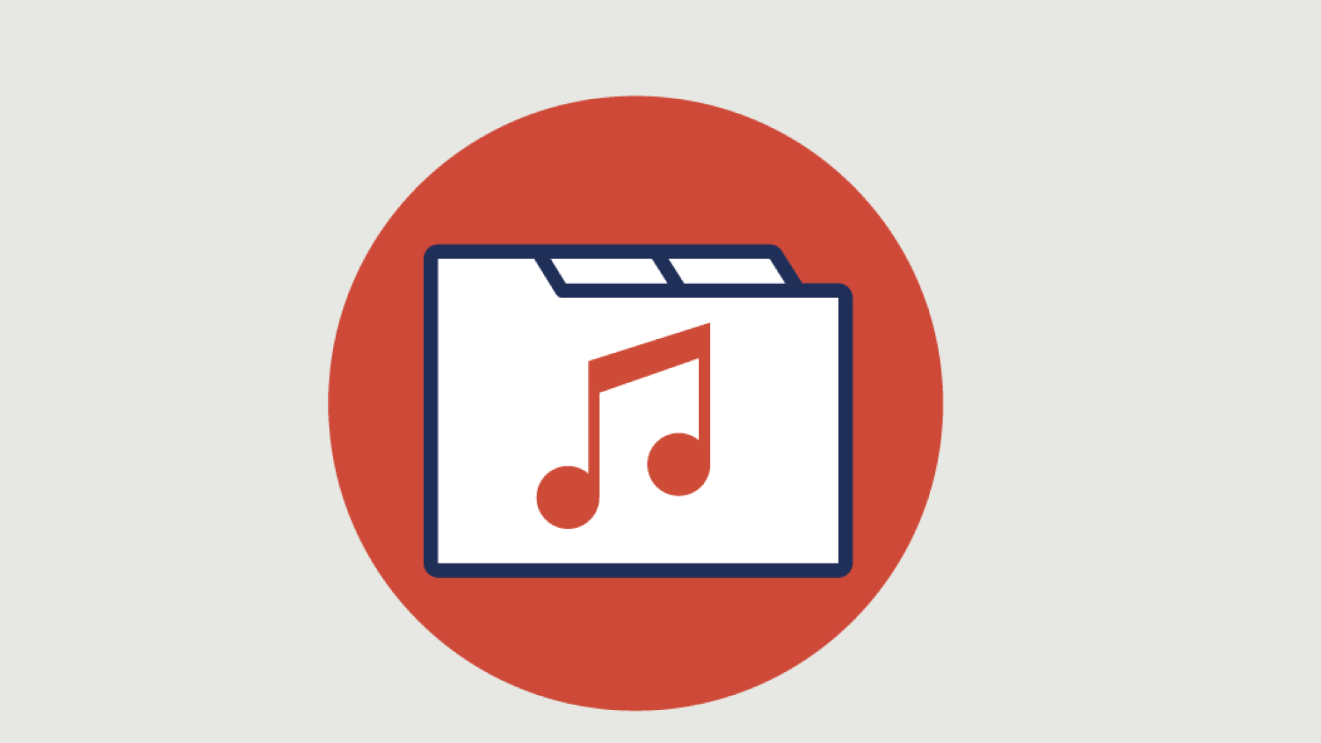 A red circular icon featuring a folder with a music note, representing a database music resources and materials.