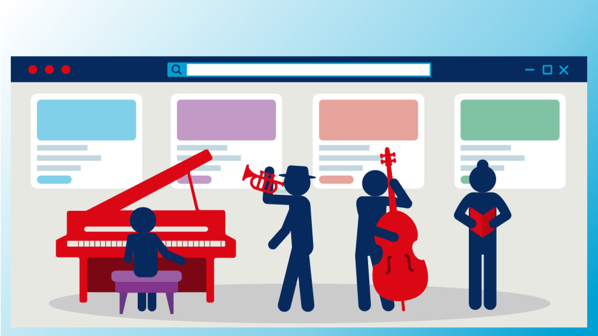 Five figures with musical instruments stand before a search interface; one plays piano, another trumpet, bass, reads sheet music, and one stands without instrument, representing artist diversity.
