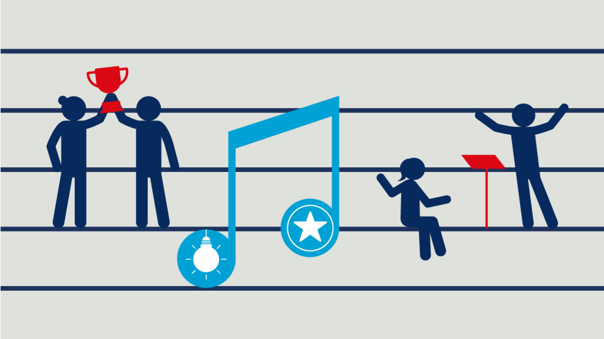 Stick figures on a musical staff engage with music notes and icons; one conducts, another holds a trophy, symbolizing creativity, leadership, and group inspiration.
