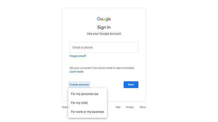 screenshot of Google login page