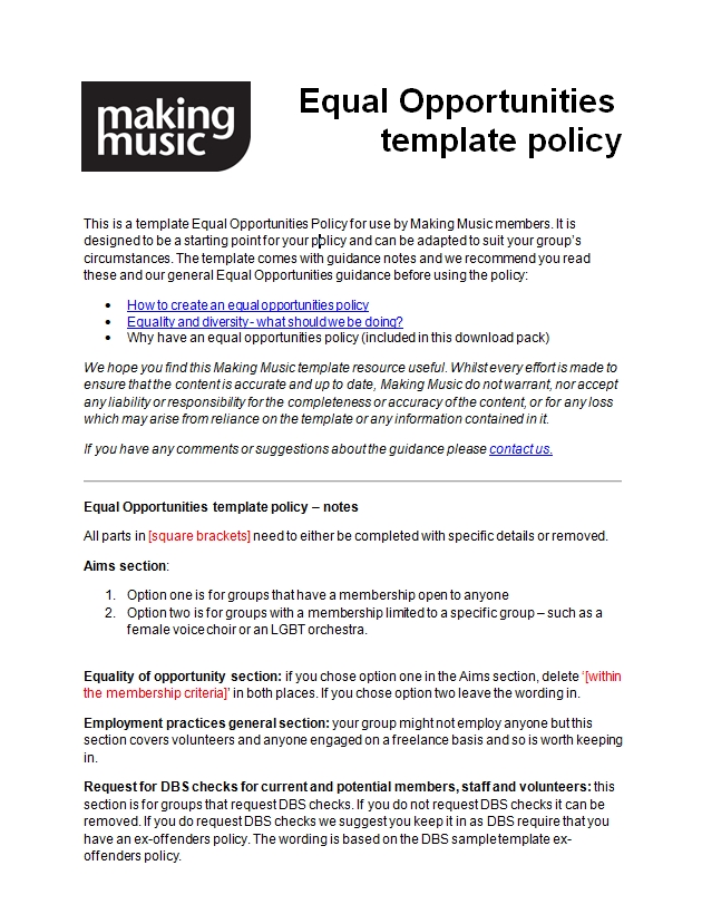 Equal Opportunities Policy Template Making Music