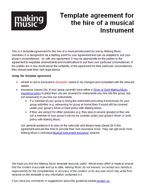 Template agreement for hiring out a musical instrument | Making Music