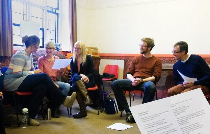Singers Liz, Debbie and Jennie work on their short musical phrase, watched by Ed and Fraser