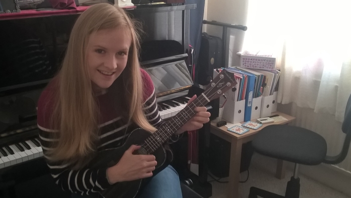 Composer Angela Slater with her uke