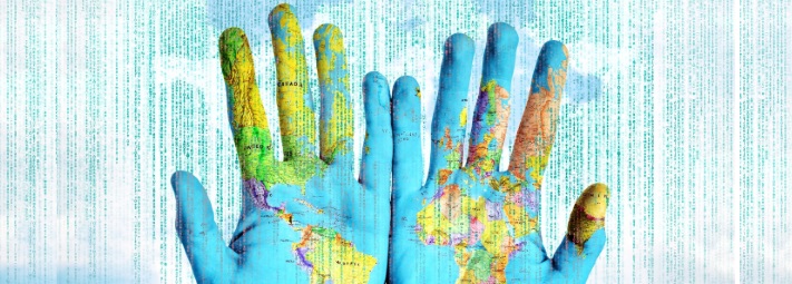A pair of hands with a map of the world superimposed