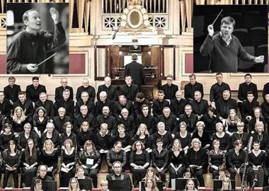 the choir seated with images of previous conductors superimposed