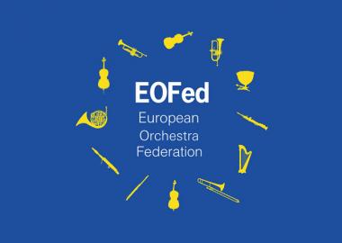 Yellow instruments on blue background in circle around text saying 'European Orchestra Federation'