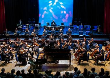 An orchestra performing on stage