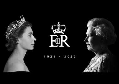HRH The Queen in profile young and old, with insignia