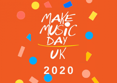 Make Music Day UK logo on orange background surrounded by colourful confetti