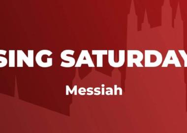 Text advertising our ‘Come and Sing’ event of Handel’s Messiah is set on a silhouette of Gloucester Cathedral