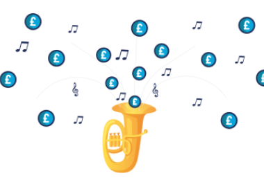 cartoon brass image with musical notes and £ coming out of it 