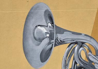 grey hand and brass instrument
