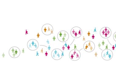 Illustration of multicoloured stick-figure people scattered across a white background, some standing alone and others grouped together inside circles connected by lines, representing networking or community connections.
