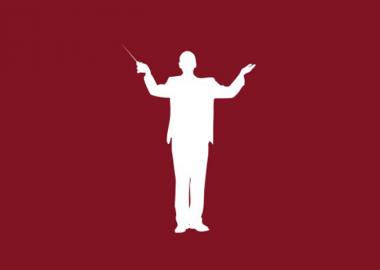 a white conductor figure on a red background