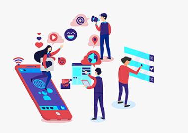 Cartoon images of people using social media