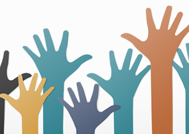 Cartoon hands in different colours reaching up and waving 