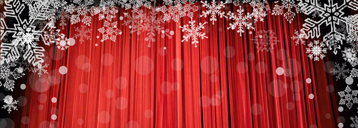 closed red stage curtains overlaid with snowflakes