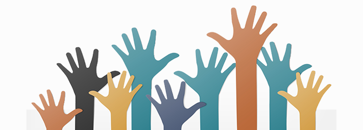 Cartoon hands in different colours reaching up and waving 